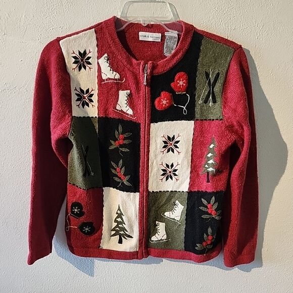 croft & barrow Sweaters - Croft & Barrow Women's Full Zip Holiday Christmas Sweater Embroidered Red M